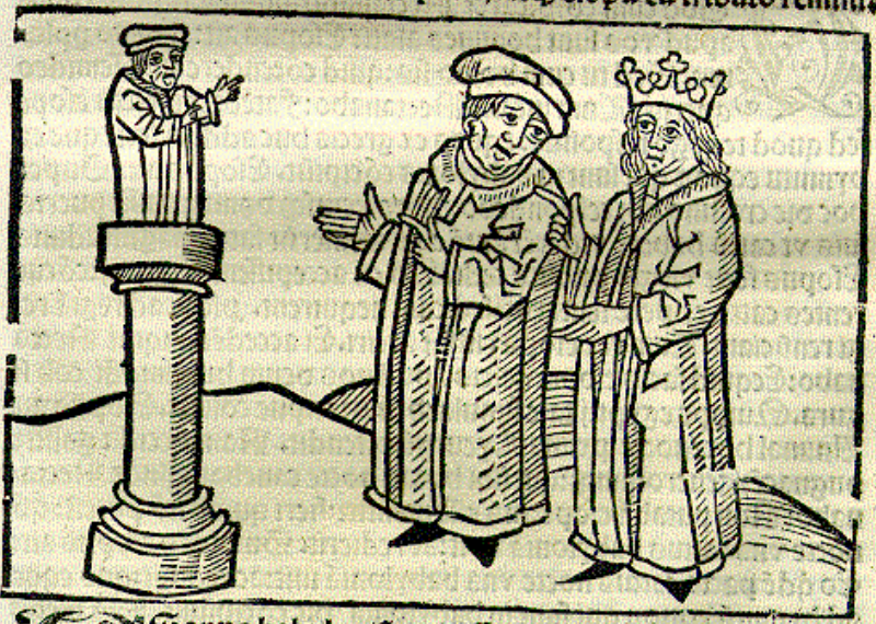 Woodcut of small man on pedestal and two figures nearby.