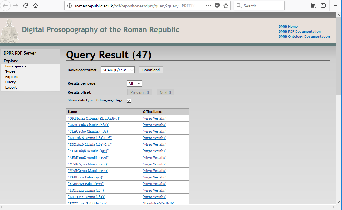 A screen capture of the response to a SPARQL query.