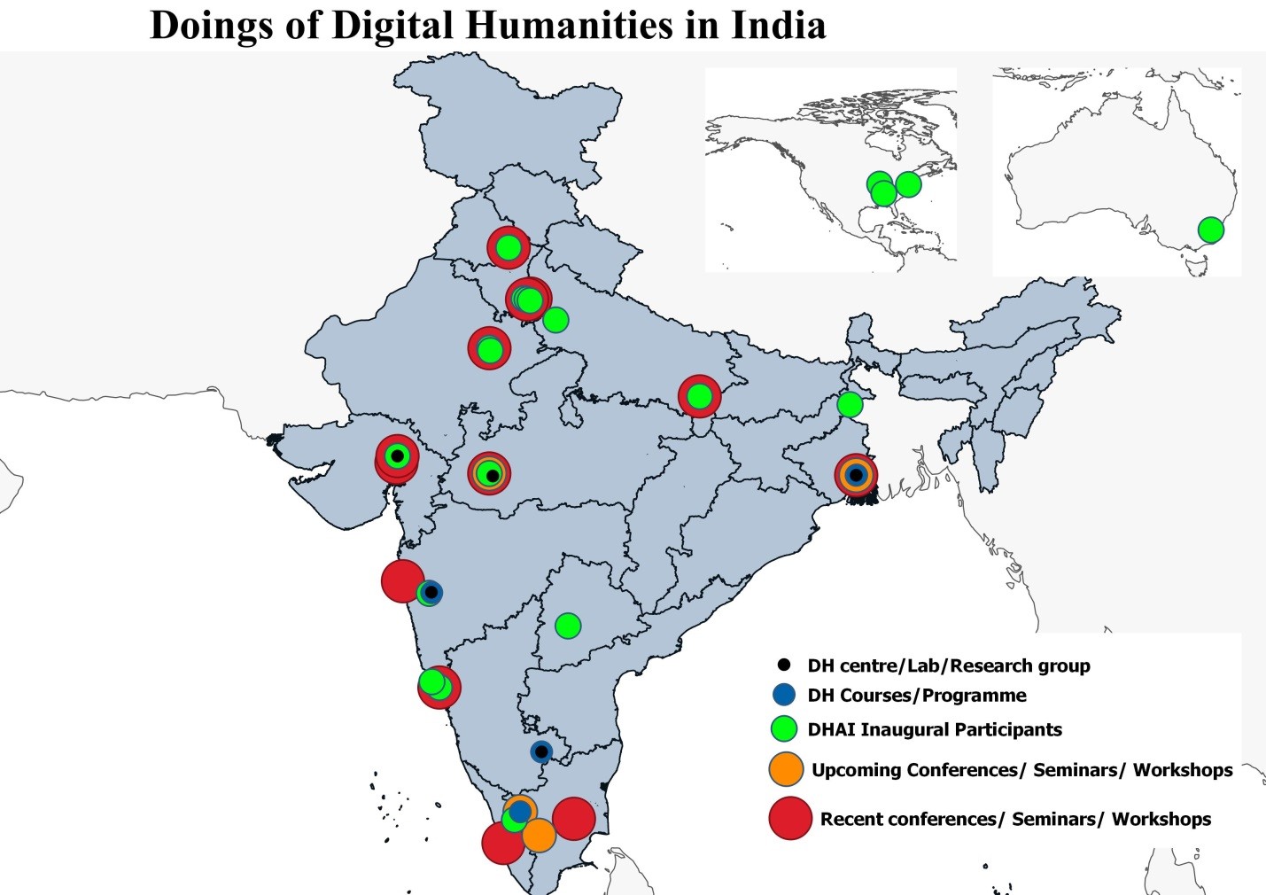 Map of India with circles of various colors to depict locations of
                        research groups, DH courses, DHAI participant locations, and upcoming or
                        recent conferences.