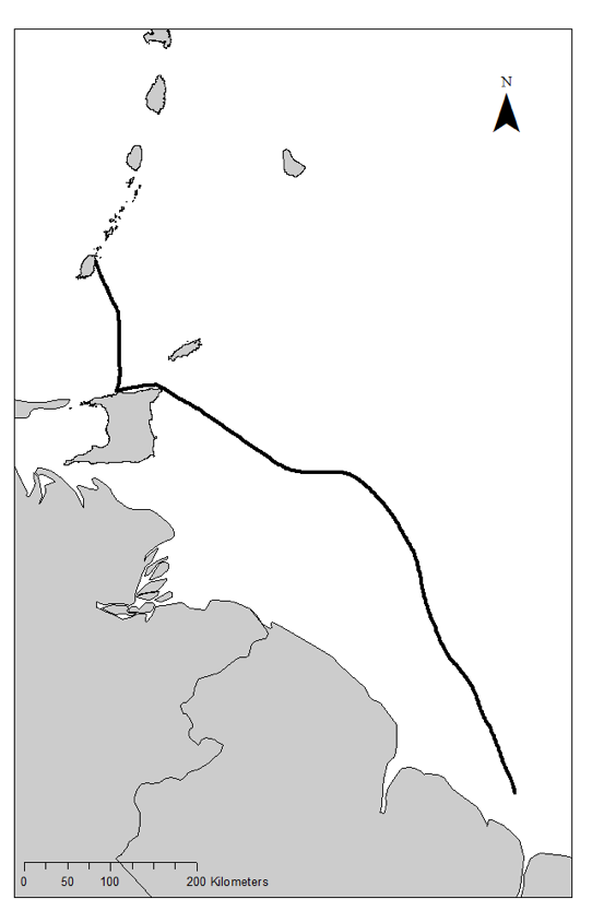 A map of an isochrone route between Guyana and east coast of Grenada
                        depicted with a black line.
