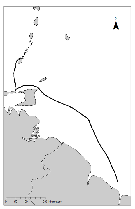 A map of an isochrone route between Guyana and the west coast of
                        Grenada depicted with a black line.