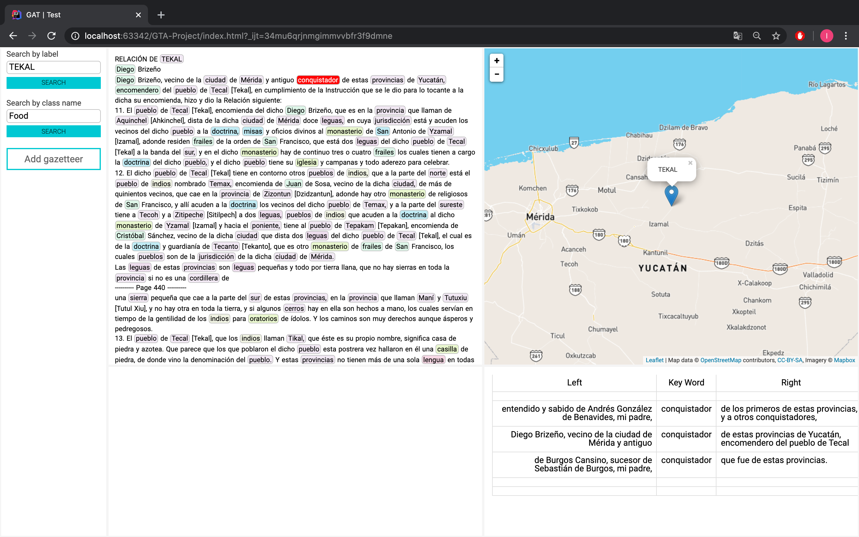 The GTA tool with words highlighted and an accompanying map.