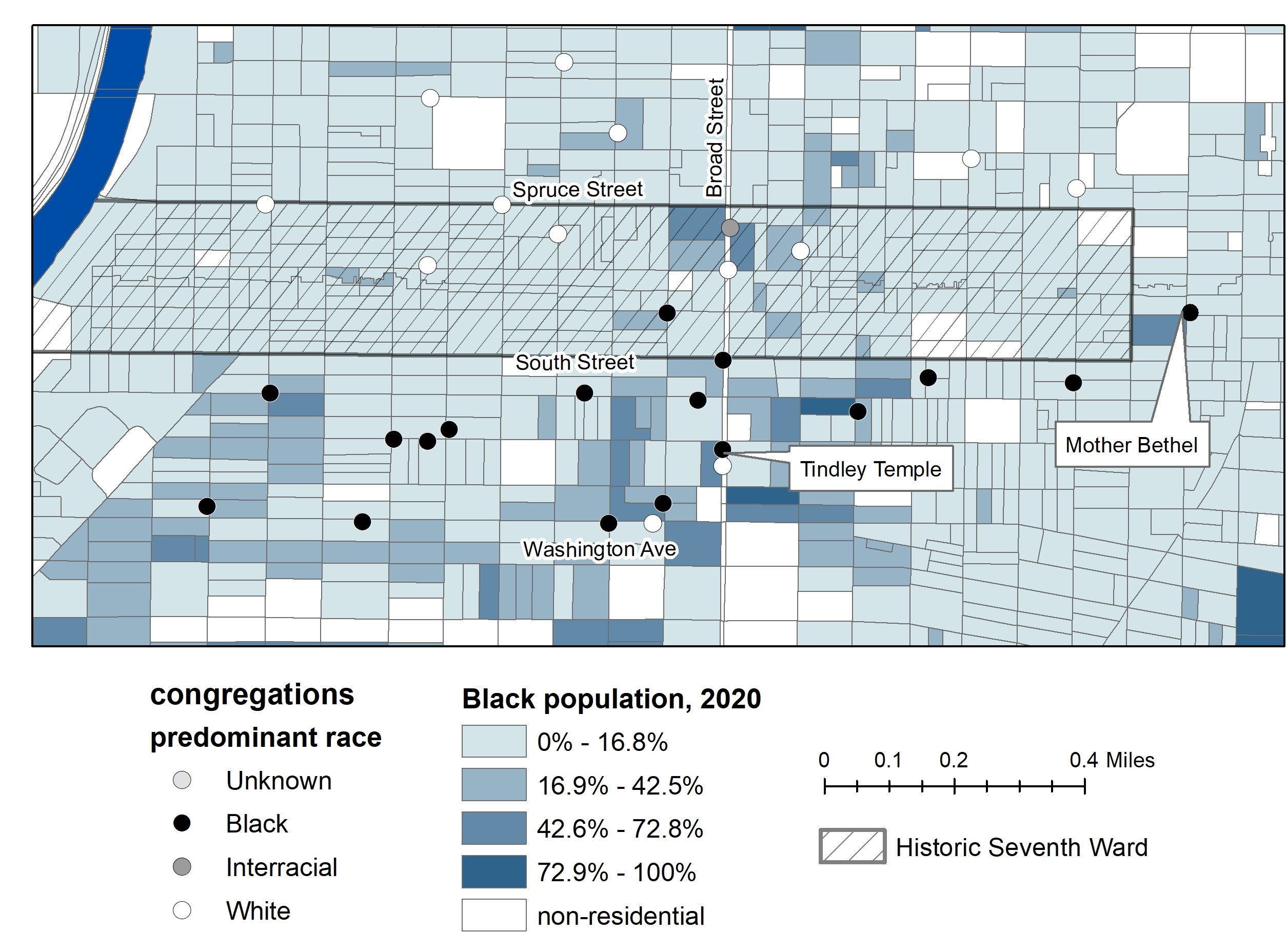 Congregations in the Seventh ward and vicinity and Black Population, 2020