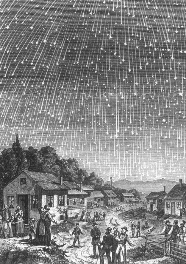 image of a wood engraving of a meteor shower