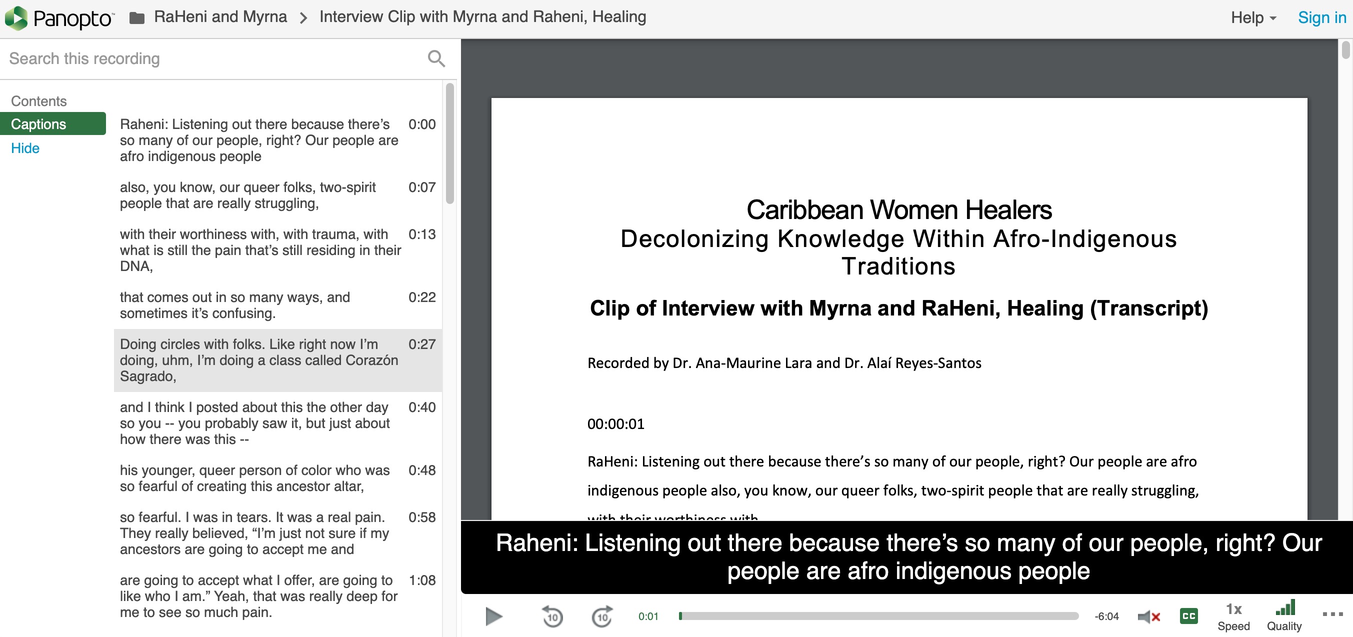 Screenshot of Panopto with transcriptions on the left side and on the right side a document that says "Caribbean Women Healers"