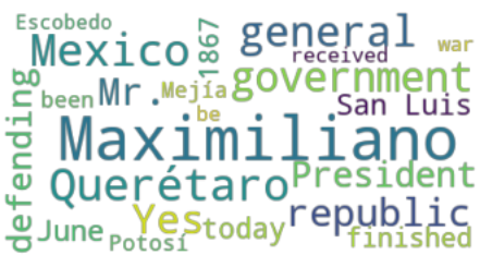 Two word clouds with blue, green, and purple text. The largest words in the Austria cloud are the works emperor, maximilian, and mexico while the largest words in the mexico cloud are maximiliano and mexico
