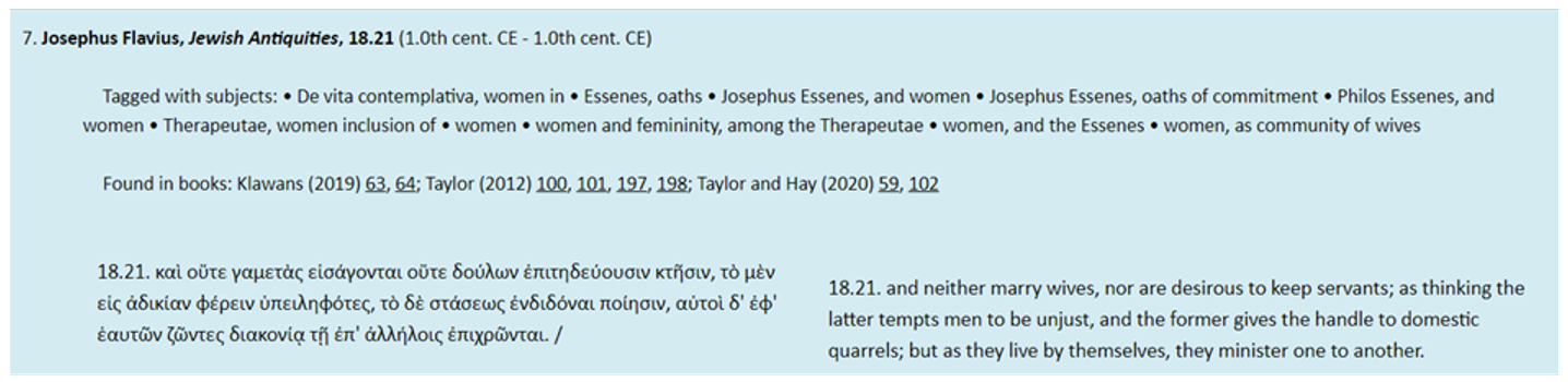 Image from website showing a passage including women and oaths in Greek side by side with the English translation