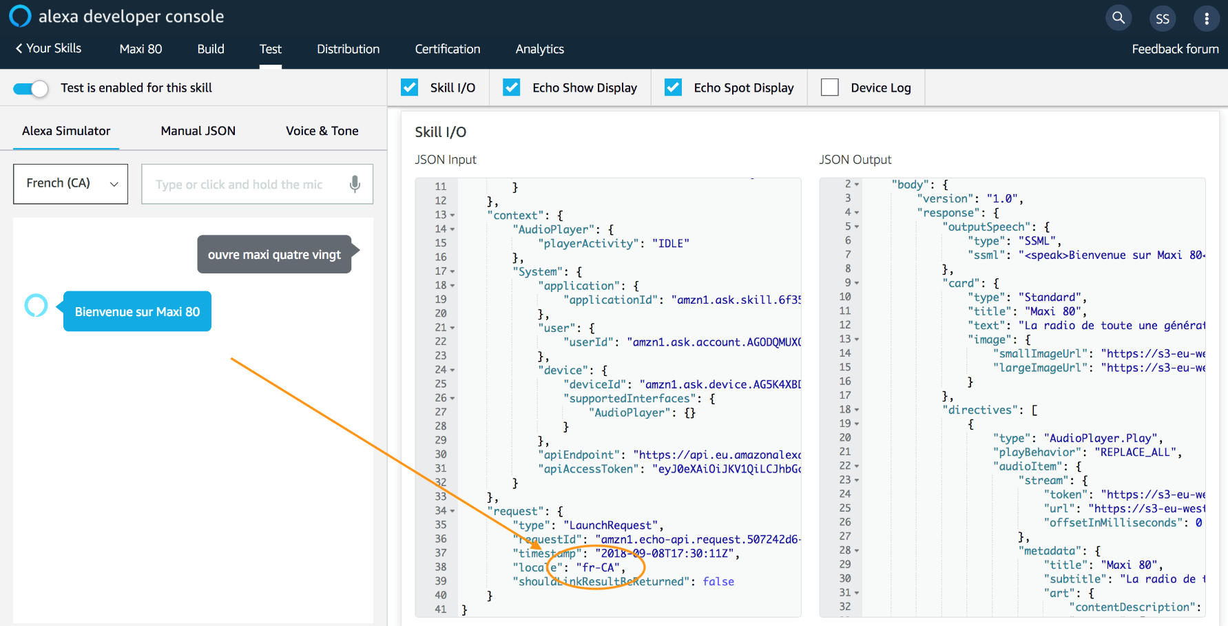 Screenshot of alexa developer console for Skill I/O with arrow marking
                     locale  in JSON input.