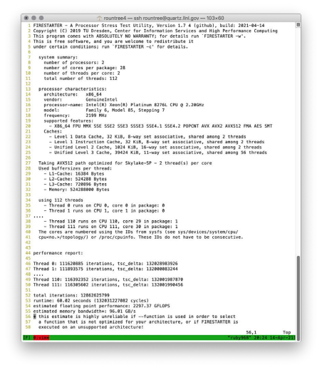 Screenshot of terminal session with 58 lines of logging and performance
                  stats for Firestarter.