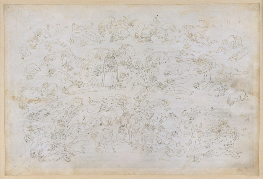 Botticelli's  drawing, depicting Dante and Virgil wandering through a field 
                           strewn with traitors against kin and country, most notably the Count Ugolino from Pisa.