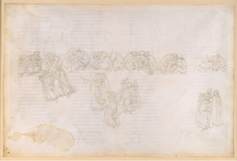 Botticelli's  drawing, representing Dante and Virgil within the Terrace of Envy, 
                         where groups of penitents huddle together symmetrically around them.