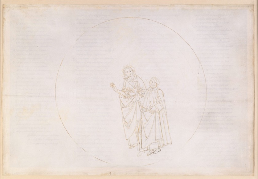 Botticelli's , Dante and Beatrice inscribed within a circle on an otherwise blank 
                         expanse of vellum.