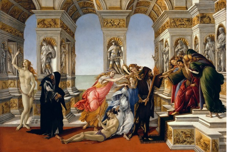 Botticeli's , depicting a falsely accused man dragged before a king, 
                  surrounded by allegorical figures of deceit, fraud, remorse, and a naked truth pointing skyward.