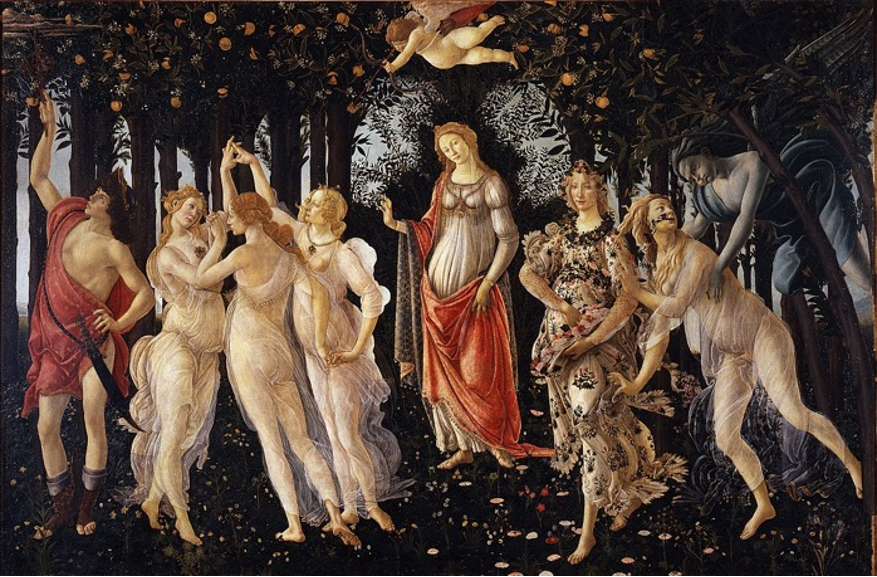 Botticelli's , featuring a group of mythological figures in a lush garden, 
                  with Venus at the center, the Three Graces dancing, and Mercury dissipating clouds on the left.