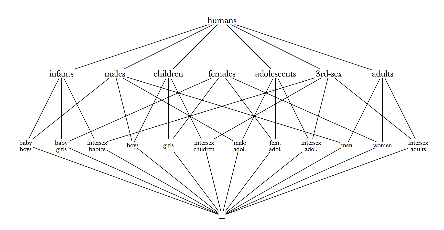 A diagram showing a lattice with all specific identity categories (e.g. humans, infants, males, children, etc.) and all of their possible combinations (e.g. infant females, intersex adults, etc.).