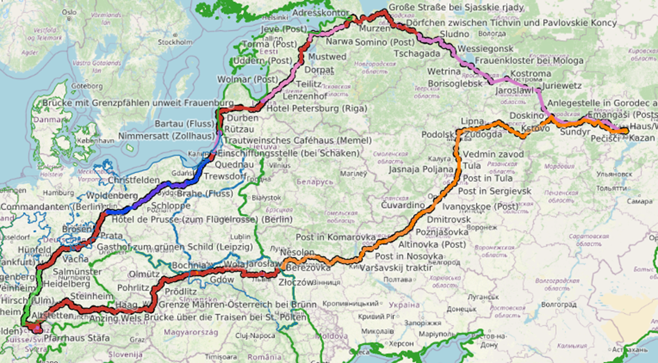 Map visualizing different modes of transportation between locations in Europe.