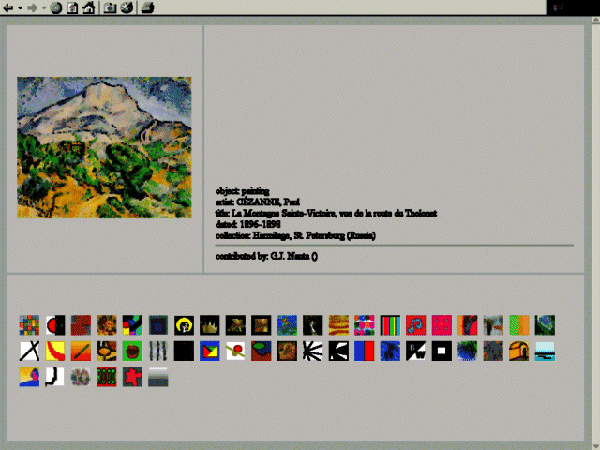 Interface showing a Cezanne landscape in the upper left with a dashboard
                     of icons along the bottom