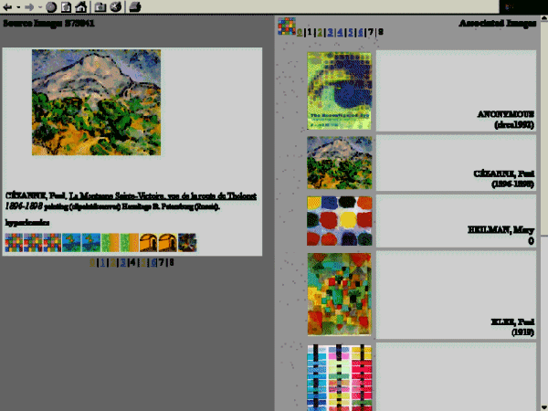 Interface showing a Cezanne landscape with icons selected on the left and
                     thumbnail images of other artworks on the right