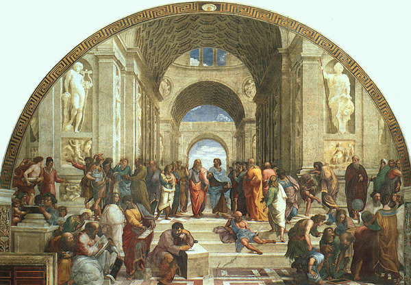 Semicircular painting of a large group of people wearing togas in a
                        large arched hall