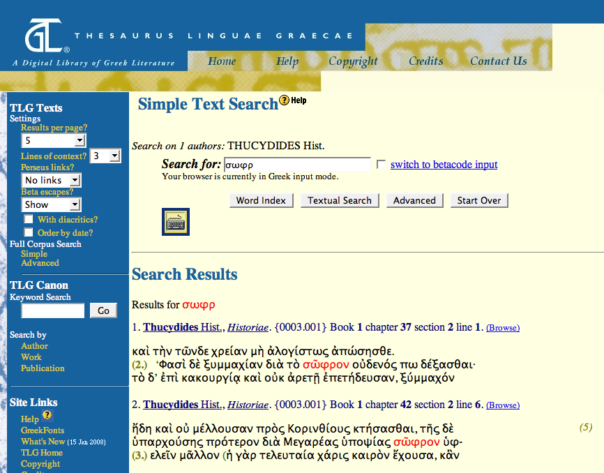 A screen shot of the search results screen the TLG digital
                        library