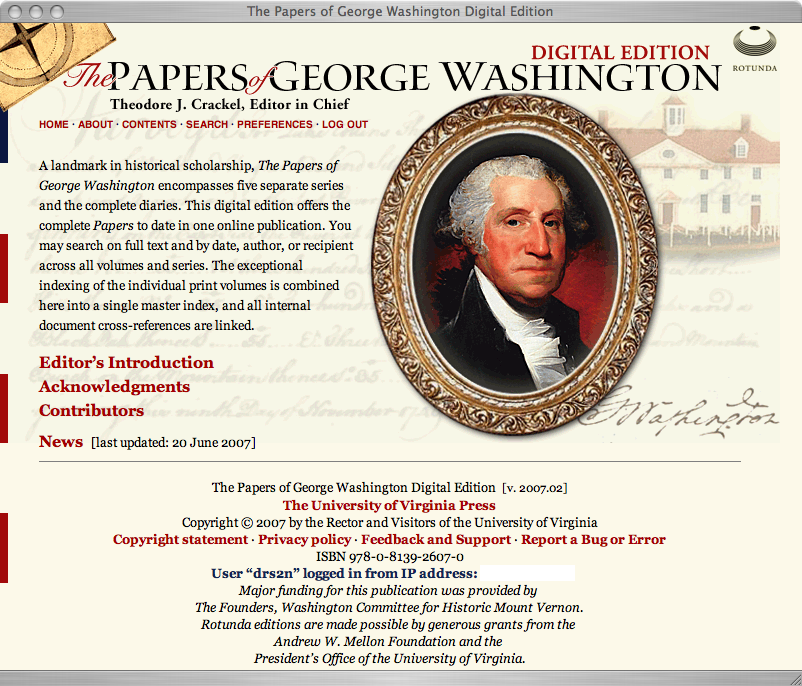 Splash page of Papers of George Washington Digital Edition
