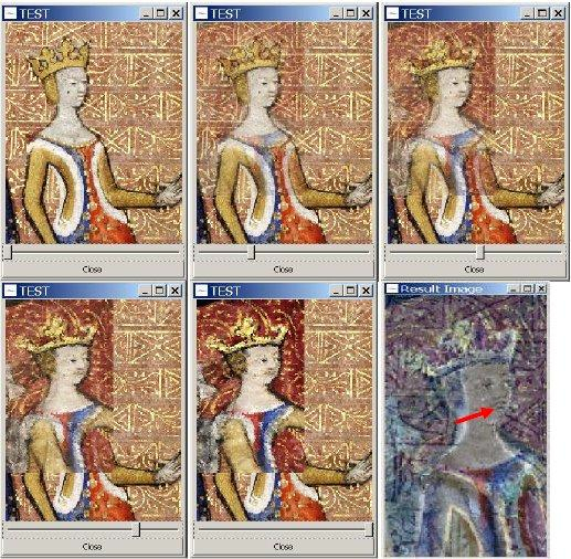 Screenshot of six test images of the same manuscript illustration with
                  variable transparency.