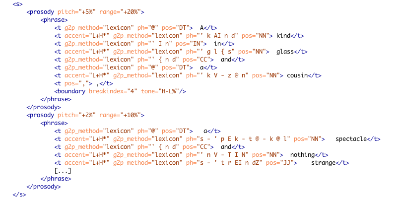 Figure 1: A sample from the OpenMary XML output shows the phrase  from Gertrude
                     Stein’s Tender Buttons