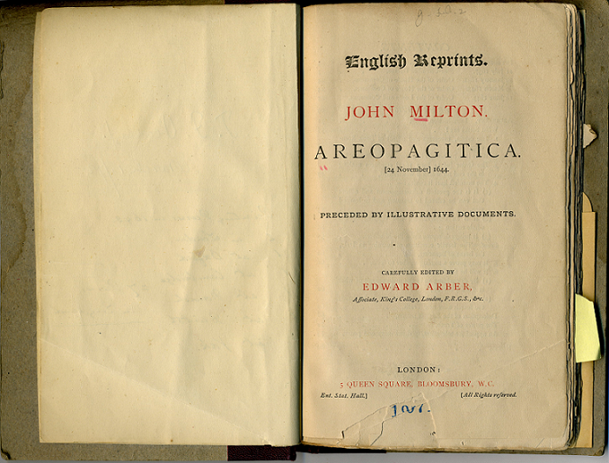 Title page for Areopagitica, edited by Edward Arber (London, 1869).