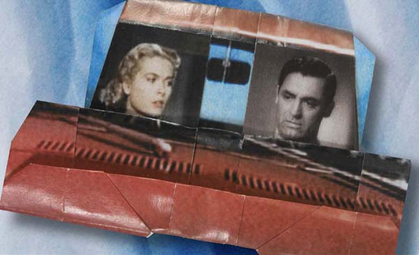 Image showing a sample of Virgil Widrich's work, appearing to be of folded
                  paper with the faces of Cary Grant and Grace Kelly displayed in a structure
                  resembling an automobile.