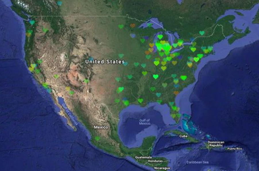 A screenshot of a map of the United States. Heart shape symbols
                        represent responses by listeners.