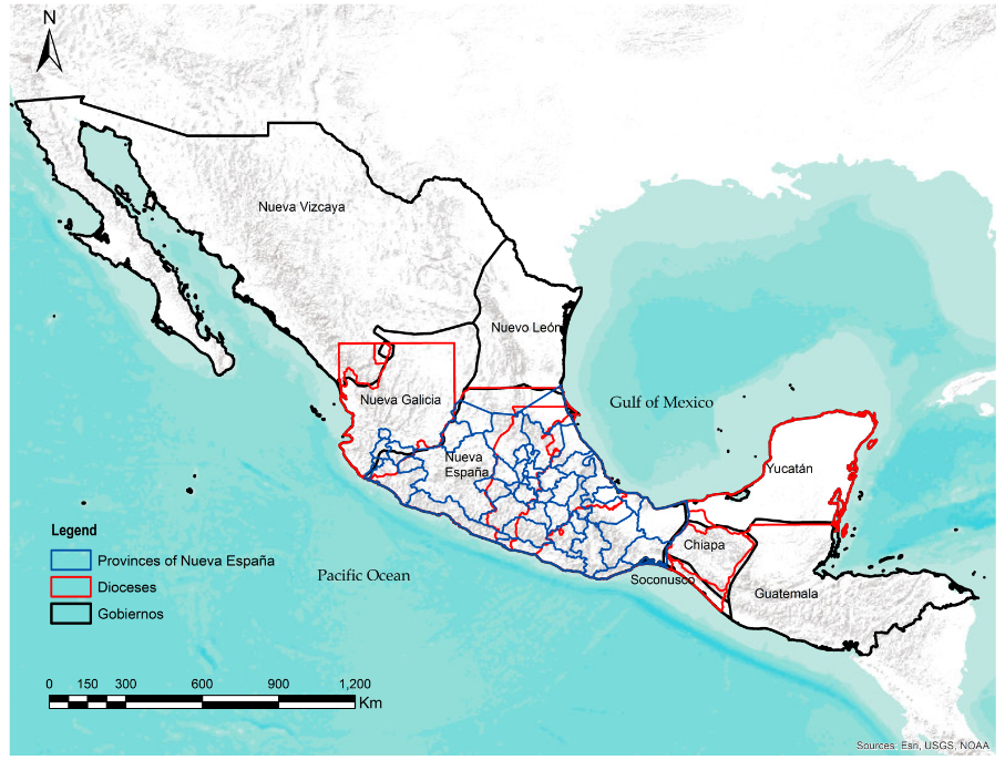 Map of Mexico and Central America with divisions depicted with blue and red
                  lines.