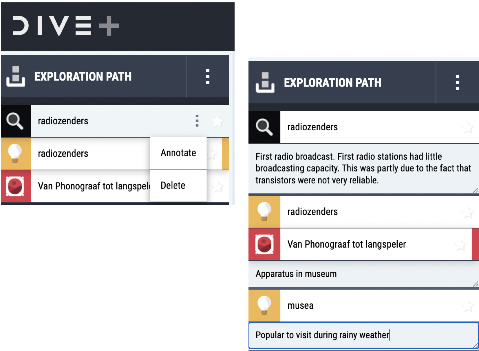 Screenshot of the Dive interface with the various features highlighted, including "annotate"