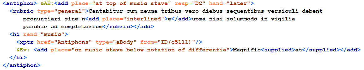 screenshot of XML code with antiphon and rubric tags