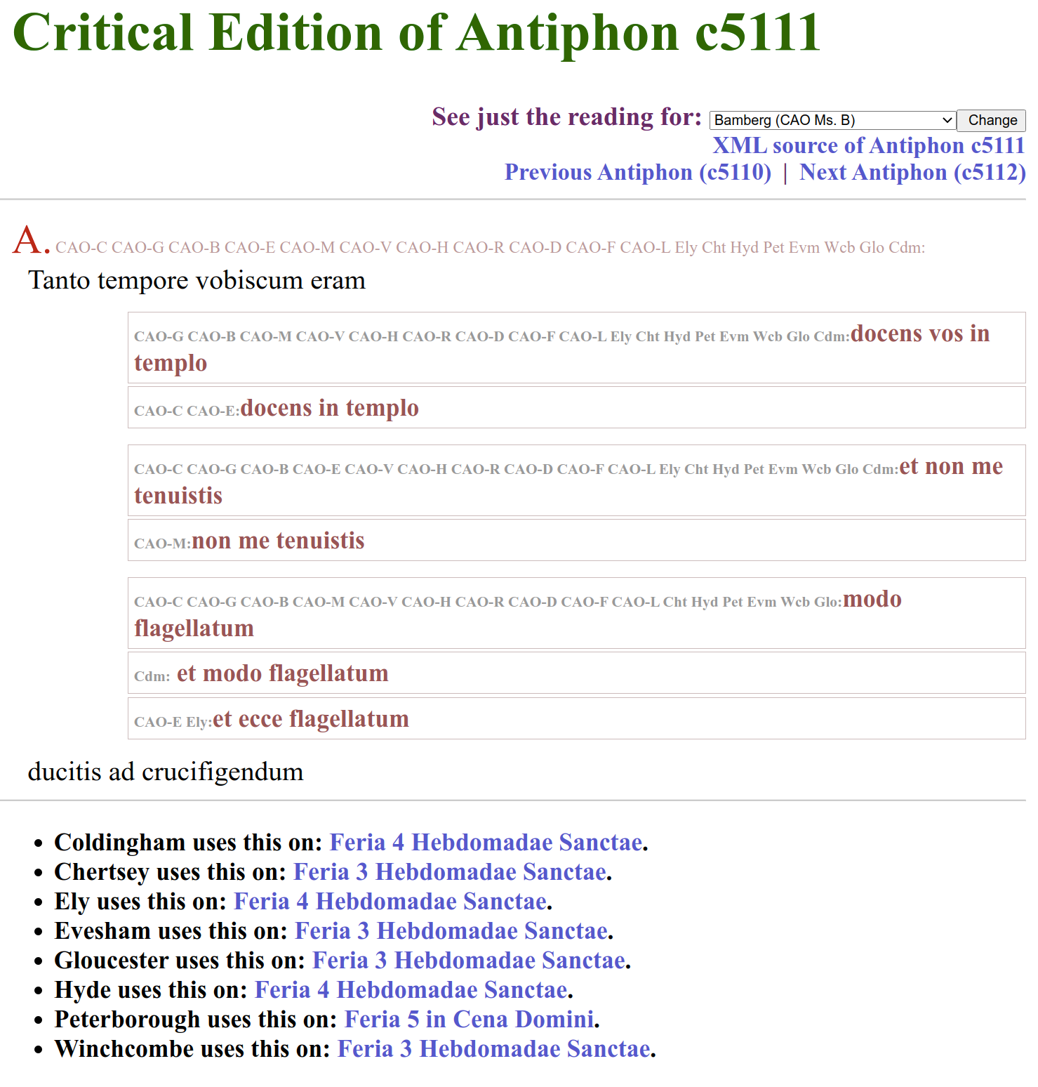 screenshot of the critical edition of antiphon webpage. The title
							of the page is at the top in green and the repo form figure five is
							displayed below