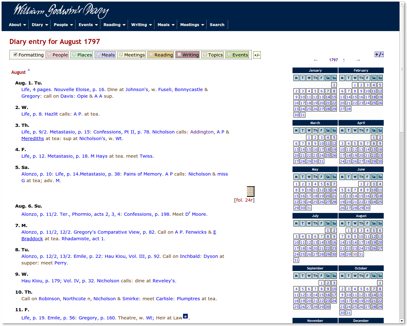Screenshot of the  project website. The page includes diary entries for
							the month of August