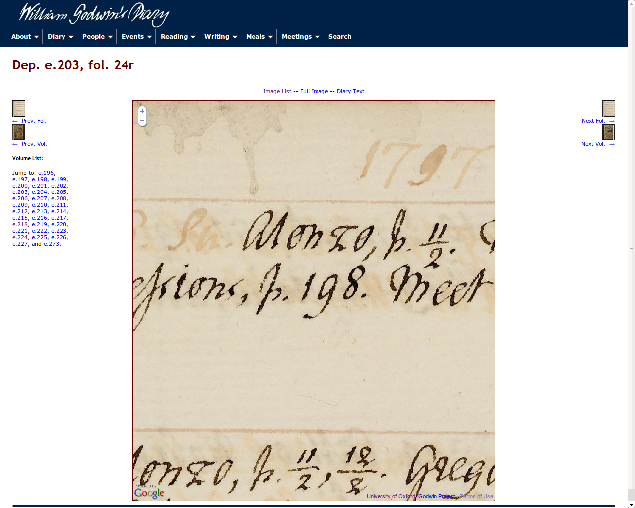 Screenshot of 
							website with a manuscript page in the middle zoomed in to show only a
							few letters.