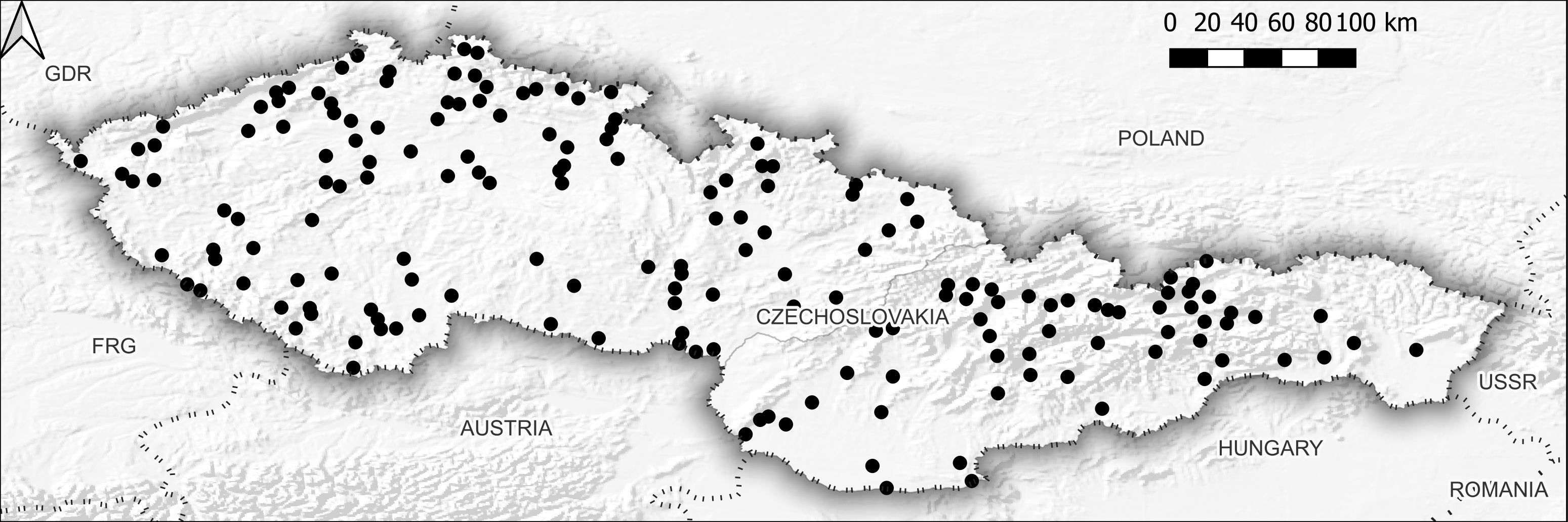 Map of Czechoslovakia with black dots