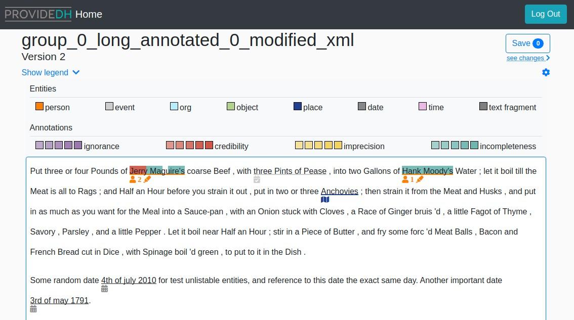 User interface showing annotated text excerpt with options for
                      and .