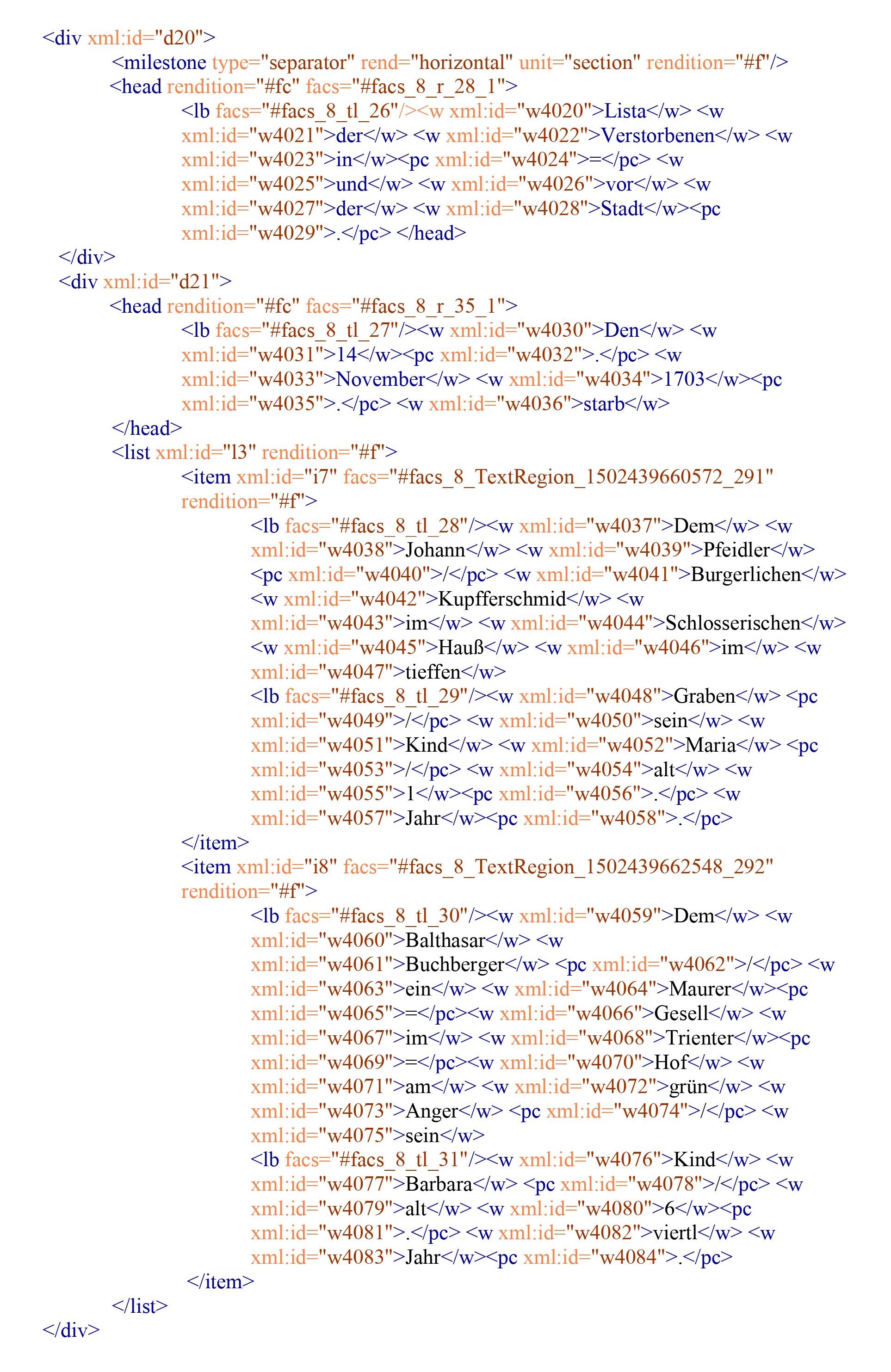 An extract from the XML/TEI file of the death list shown in Figure 1, which
                  includes, among other things, a head-element and a list-element containing two
                  item-elements