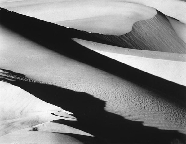 A black and white photograph of a dune landscape with diagonal shapes of
                  light and shadow