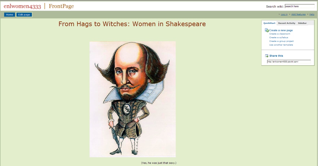 Screenshot of the WOmen in Shakespeare page