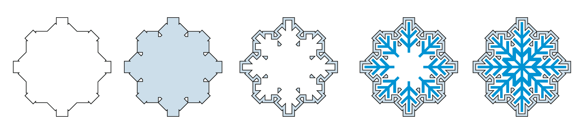 Five blue snowflakes with varying decorations inside.