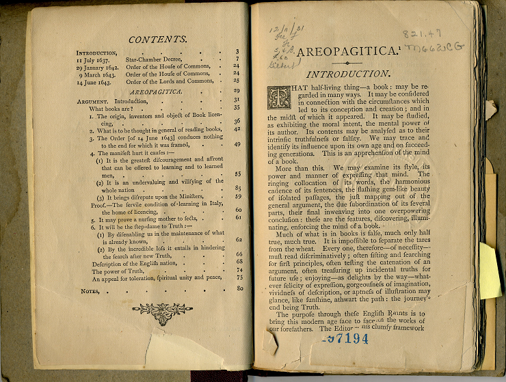 Contents and first page of Areopagitica, edited by Edward Arber (London, 1869).