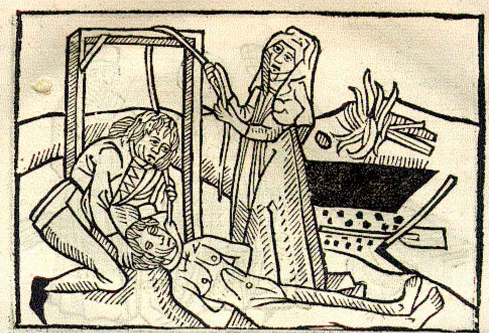 Woodcut of a widow and soldier replacing a criminal's missing body with
                     the widow's husband's.