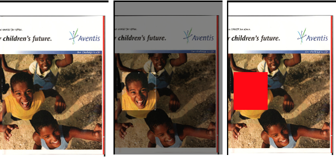 This image shows three stages of the process of the cropping
                            interface. A face is selected and cropped, leaving a red box covering
                            the face in the final stage.