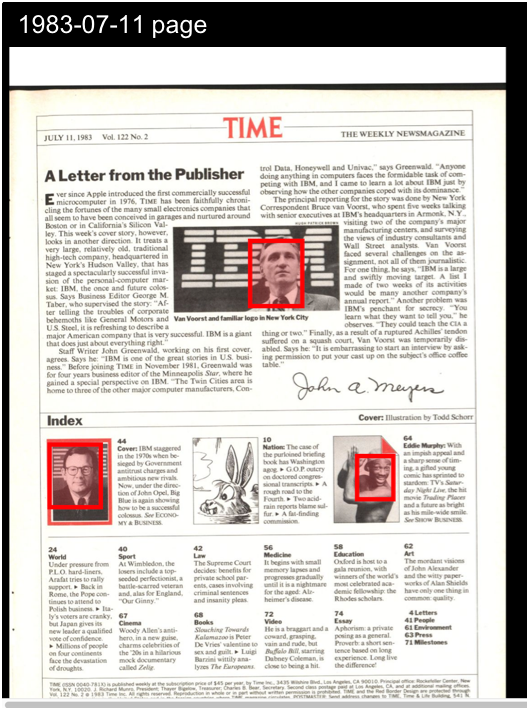 A screenshot of a  magazine page
                            with faces identified with red boxes around them.