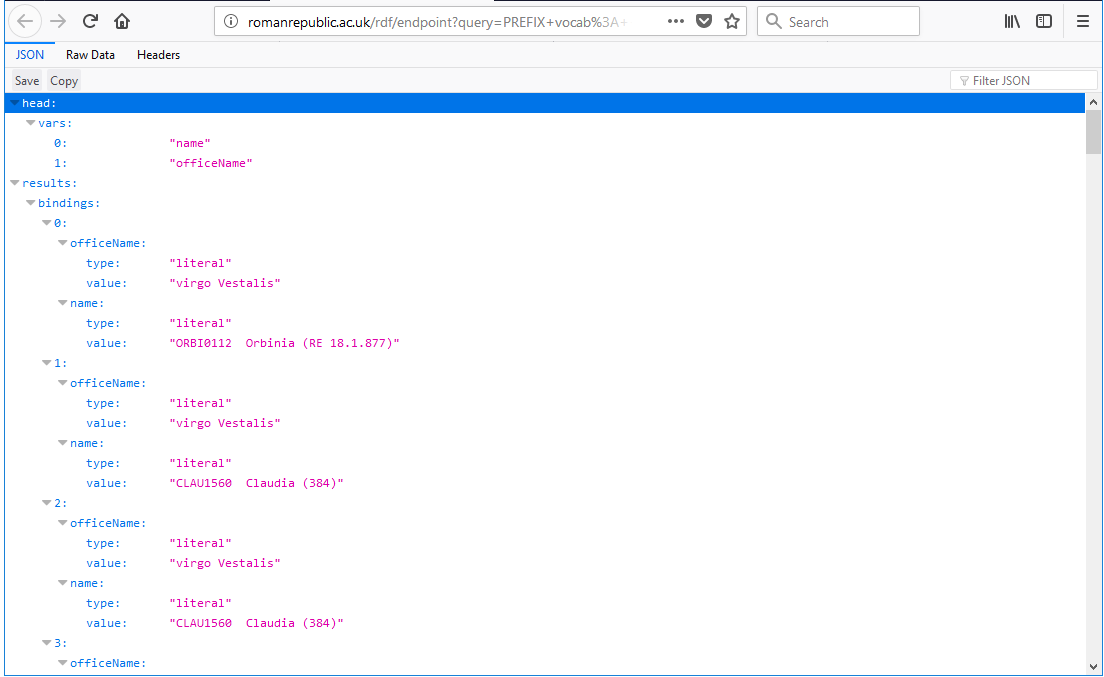 A screen capture of browser displaying JSON data as the response to a SPARQL query.