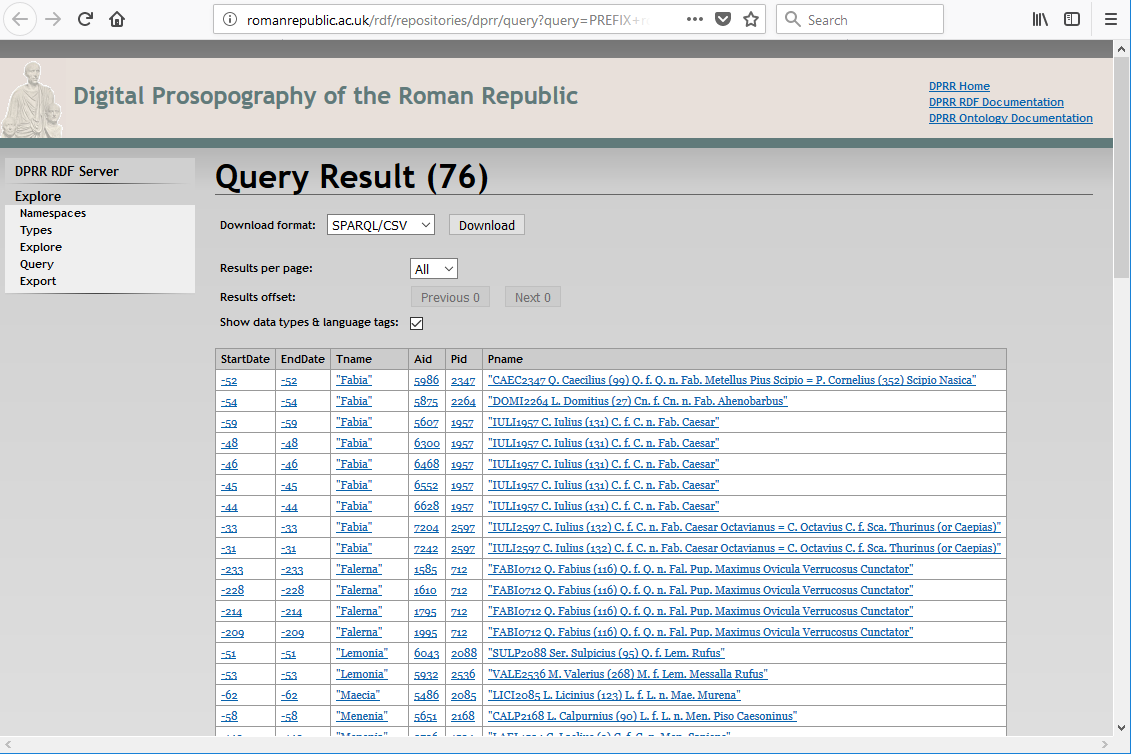 A screen capture of browser displaying the result of a SPARQL query.