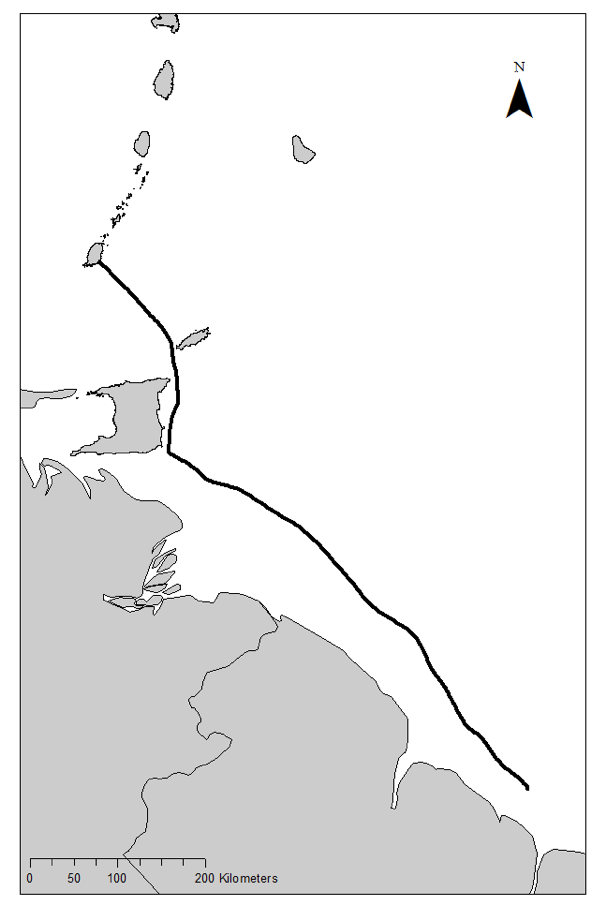 A map of an isochrone route between Guyana and the south coast of
                        Grenada depicted with a black line.