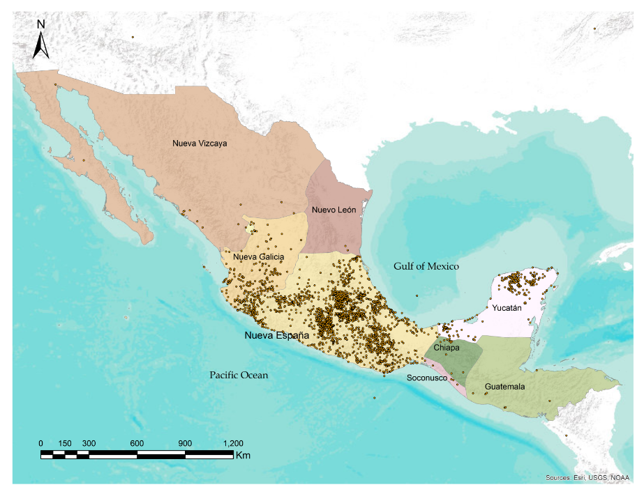 Map of Mexico and Central America with divisions depicted using different
                  colors.